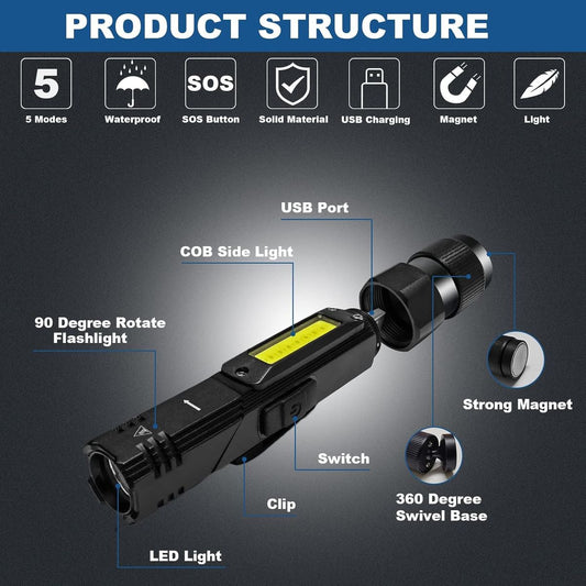 Folding Magnetic LED Work Light - USB Rechargeable-3 In 1
