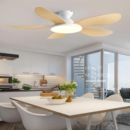 Modern 42" Ceiling Fan Light - White Body with Wooden ABS Blades + Remote