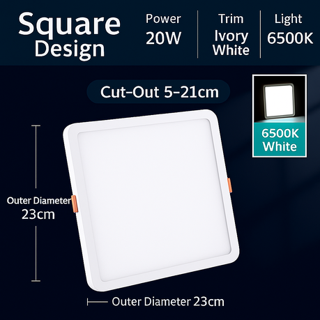 Square LED Ceiling Light - 20W - 6500K Cool White