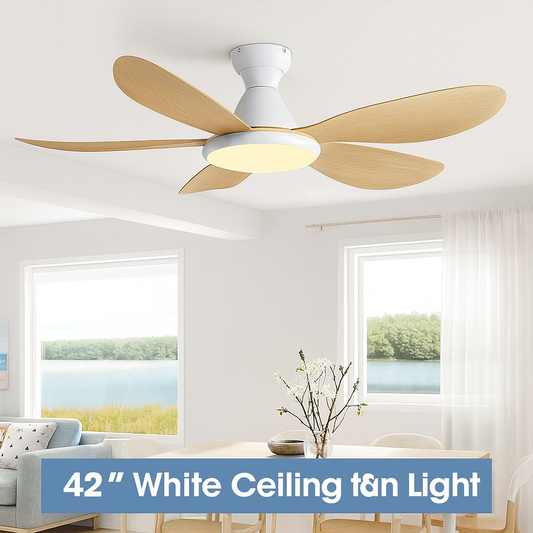 Modern 42" Ceiling Fan Light - White Body with Wooden ABS Blades + Remote