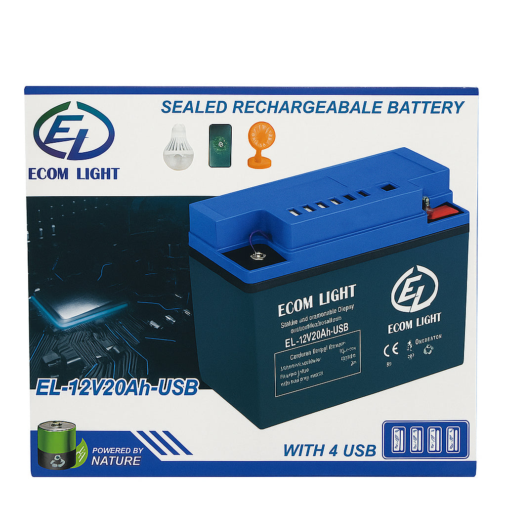 ECOM LIGHT 12V 20Ah Rechargeable Battery with 4 USB Ports & DC12V Output