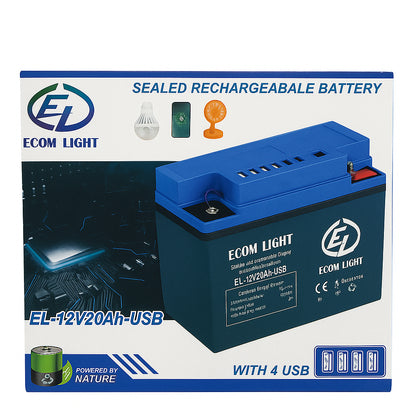 ECOM LIGHT 12V 20Ah Rechargeable Battery with 4 USB Ports & DC12V Output