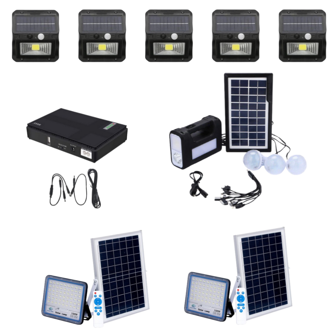5 pack Outdoor Solar Lamp, 2 pack 150W Solar Flood Light, 15000MHA UPS with Solar Lighting Kit Combo